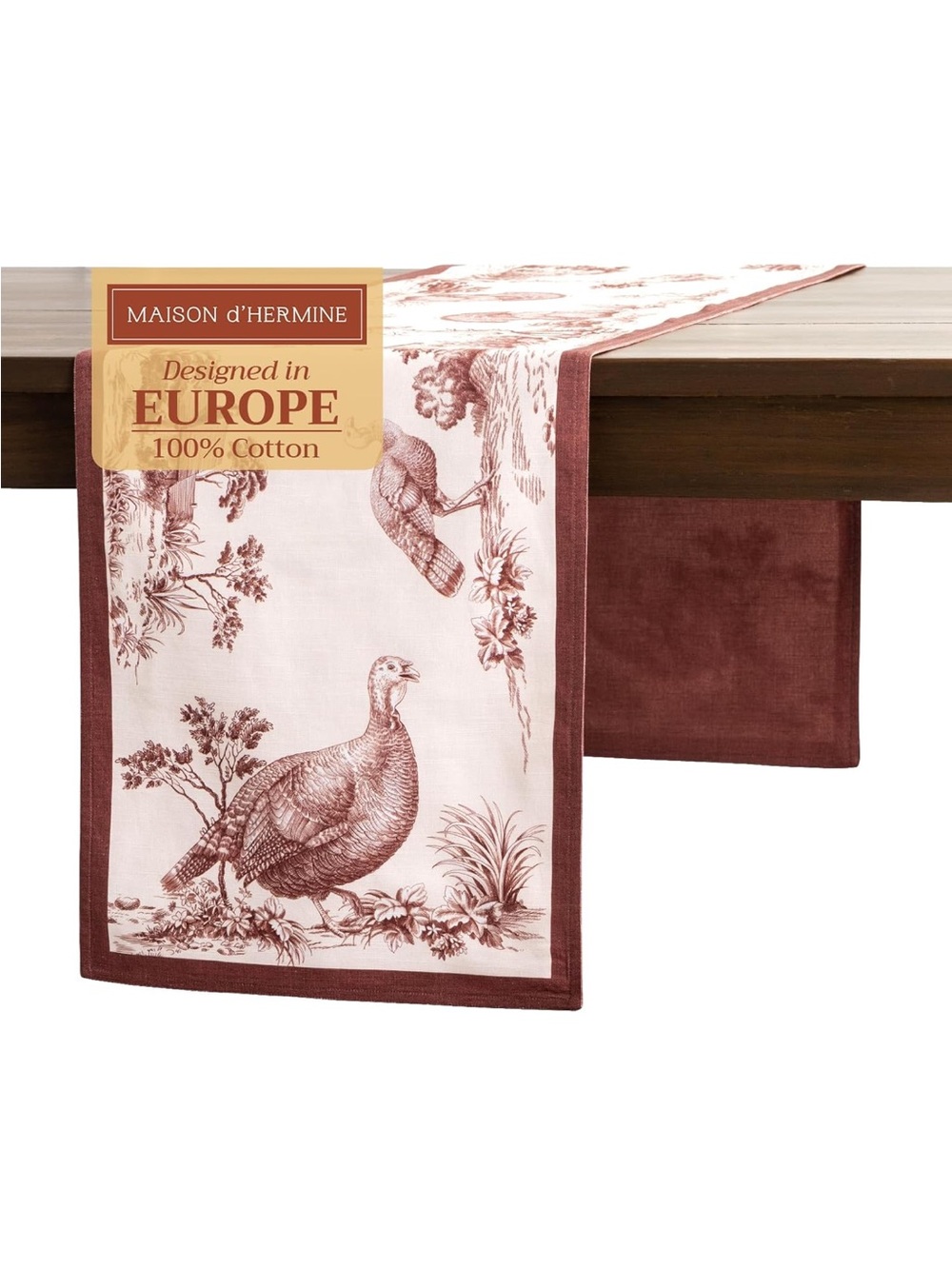 NEW Maison d' Hermine Table Runner 100% Cotton, Holy Jouy - Brown, 14.5x108”